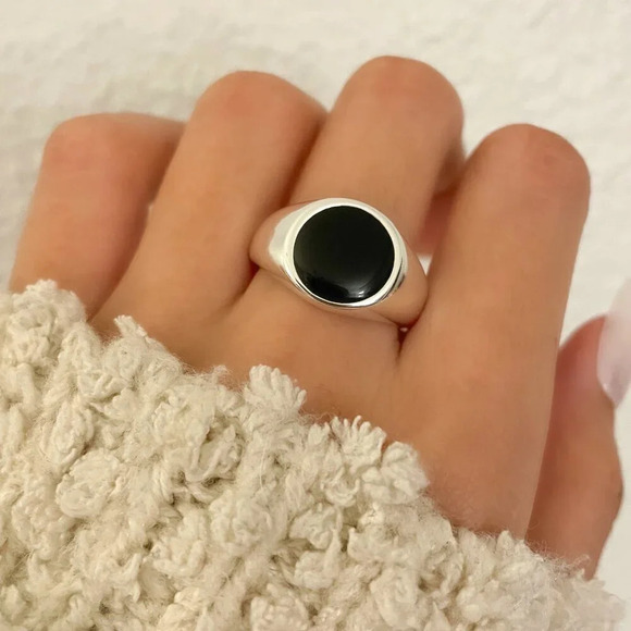 925 Sterling Silver Black Circle Ring Chunky Ring Oval Ring Thick Ring - Picture 1 of 4